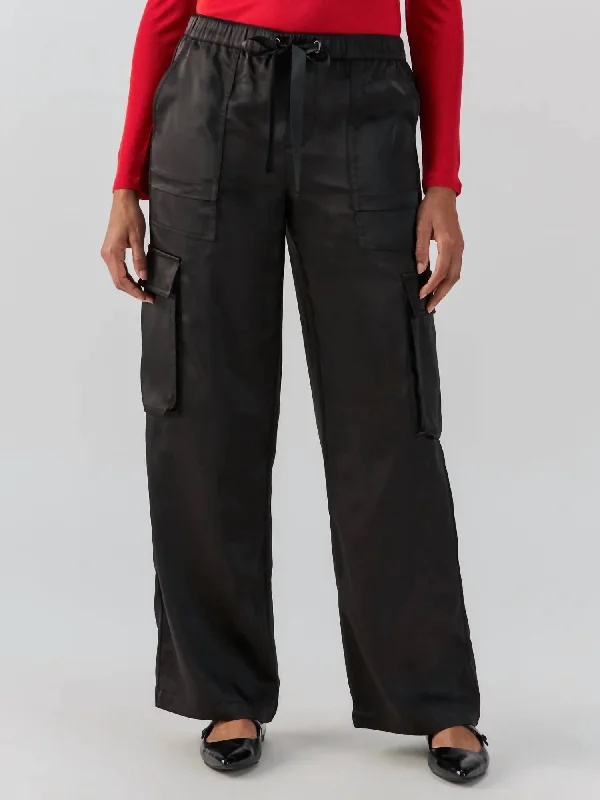Satin Cargo Wide Leg Pants In Black Cozy Jogger Leggings