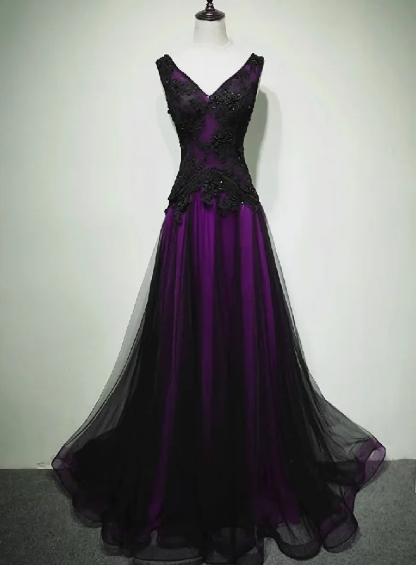 Black and Purple V-neckline A-line Prom Dress, Tulle with Lace Party Dress Tunics Travel practical