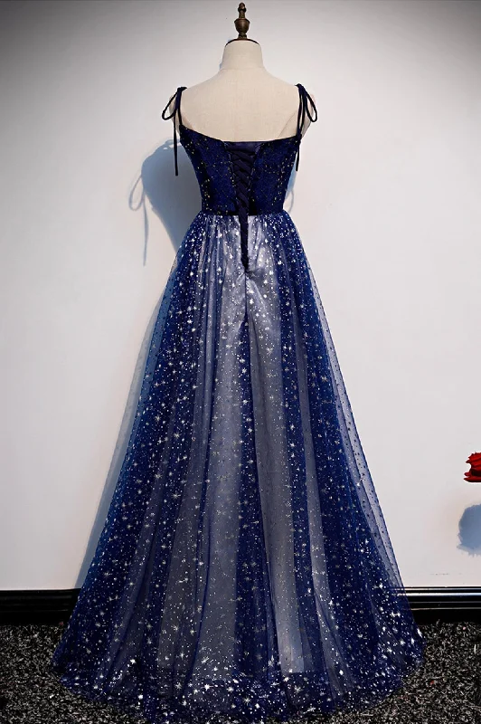 Blue Tulle Long A-Line Prom Dresses, Blue Evening Party Dresses Tunics Trendy modern