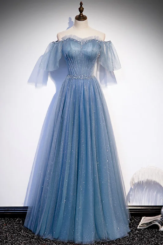 Blue Tulle Beading Long Prom Dresses, A-Line Evening Party Dresses Shift Classic Vintage