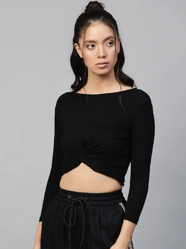 Women's Black Rib Twisted Knot Crop Top - SASSAFRAS Lace Blend Ribbed Blend Corduroy Blend