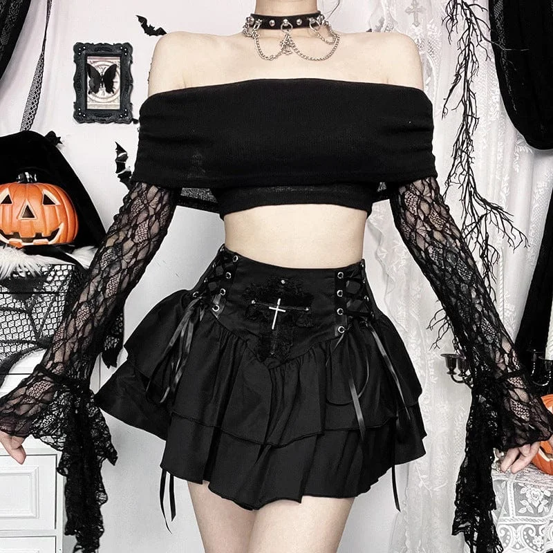 Womens Punk Off-the-shoulder Lace Splice Crop Top Casual Formal Business