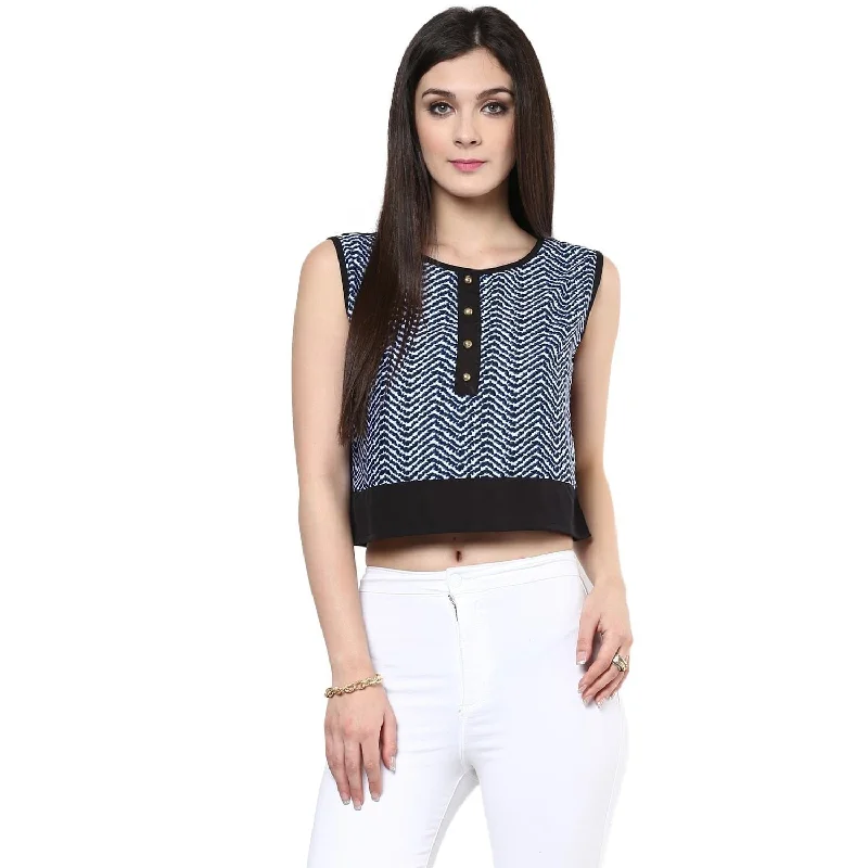 Women's Blue Buttoned Crop Top - Pannkh Elasticated Padded Insulated