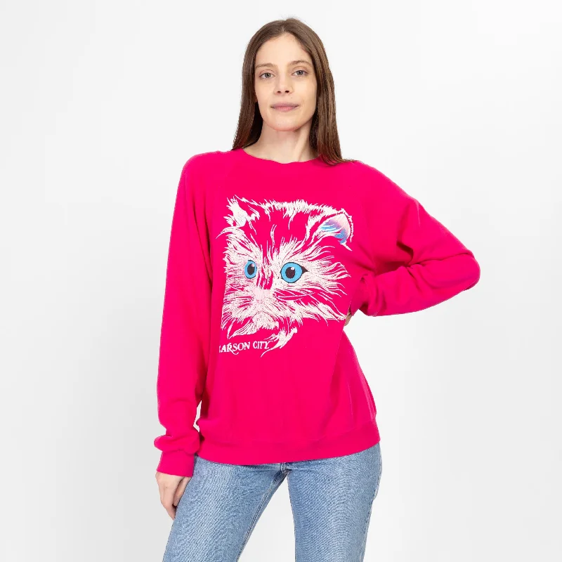 Large 90s Hot Pink Cat Graphic Sweatshirt Hoodie with Puffed Sleeves Voluminous Trendy