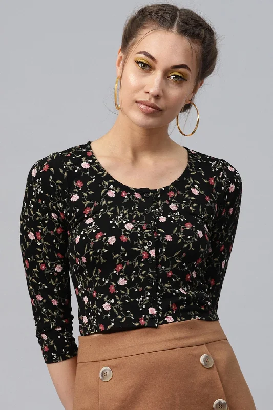 Women's Black Floral Front Button Crop Top - SASSAFRAS Fashionable Trendy Casual