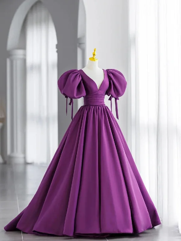 Purple Satin Puffy Sleeves Long Party Dress, Dark Purple Evening Dress Tunics Solid Classic