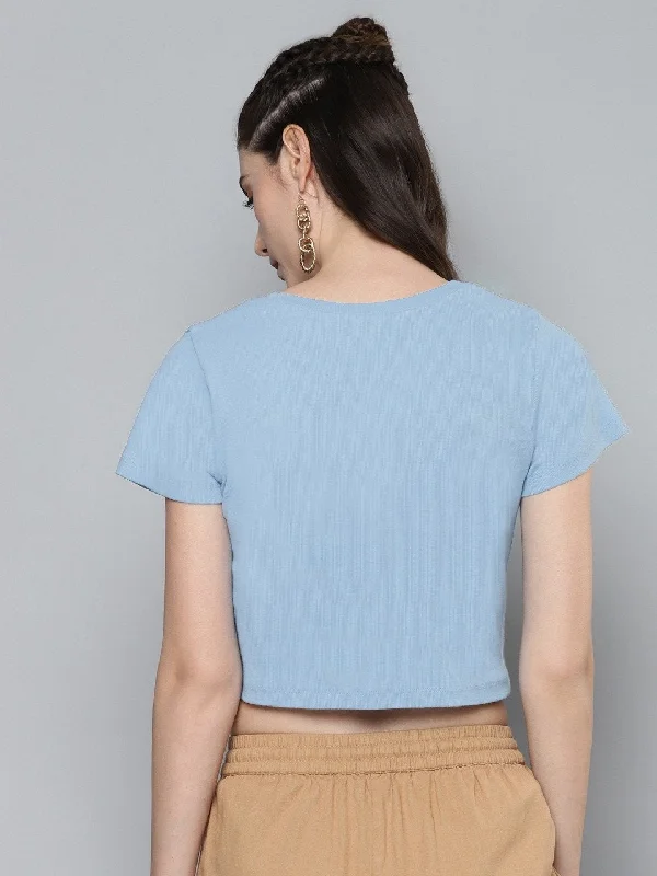 Women's Blue V-Neck Crop Top - SASSAFRAS Mesh Blend Leather Blend Suede Blend