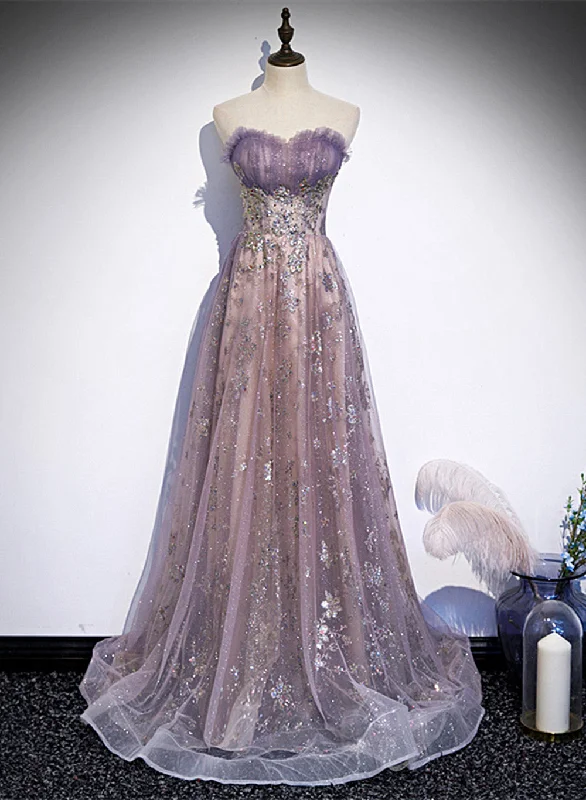Light Purple Tulle with Lace A-line Floor Length Party Dress, Light Purple Evening Dress High-Low Hemline Casual