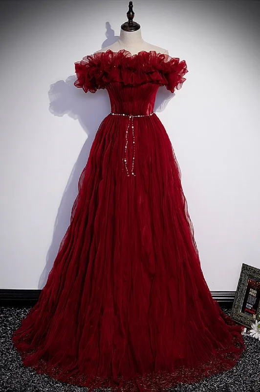 Burgundy Tulle Long Prom Dresses, A-Line Off the Shoulder Evening Party Dresses Tunics Fashionable trendy