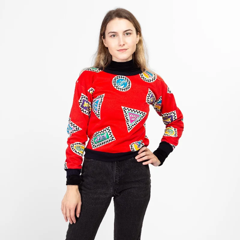 XXS 80s Red Race Car All-Over Print Sweatshirt Hoodie with Button Placket Classic Preppy