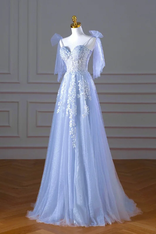 Blue Spaghetti Strap Tulle Lace Long Prom Dress, A-Line Evening Party Dress Square Neckline Feminine