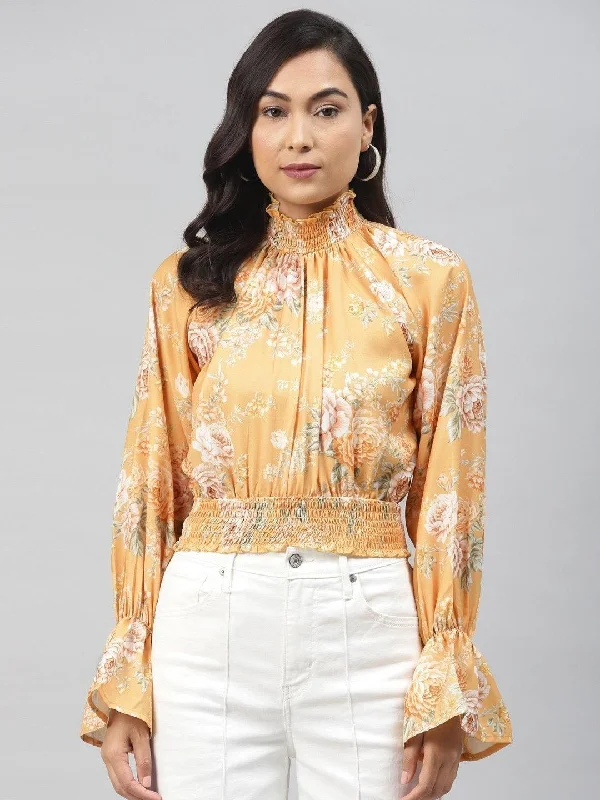 Women's Mustard Floral Smocking Detail Crop Top - SASSAFRAS Thin Crop Top Open Front Quick Dry Women's Mustard Floral Smocking Detail Crop Top - SASSAFRAS Thin Crop Top Open Front Quick Dry