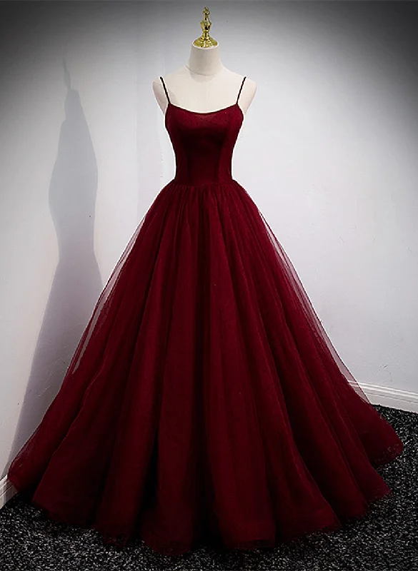 Wine Red Tulle Straps Long Evening Dress Party Dress,Wine Red Prom Dress Shift Classic Vintage