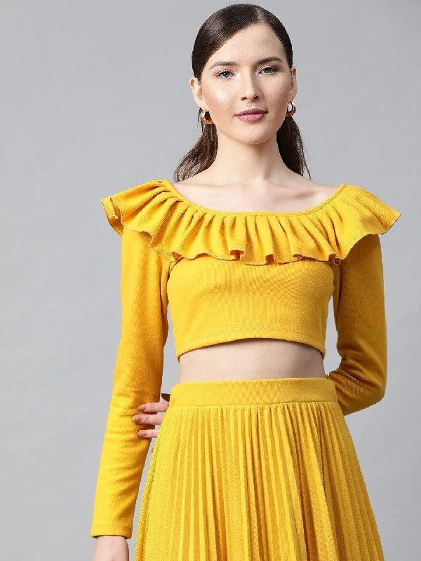 Women's Mustard Frilly Neck Rib Crop Top - SASSAFRAS Graphic Embroidered Appliqued