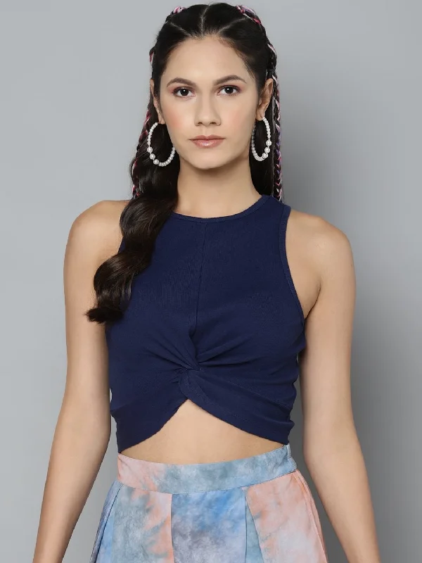 Women's Navy Blue Front Knot Crop Top - SASSAFRAS Knit Fabric Woven Fabric Fleece Fabric