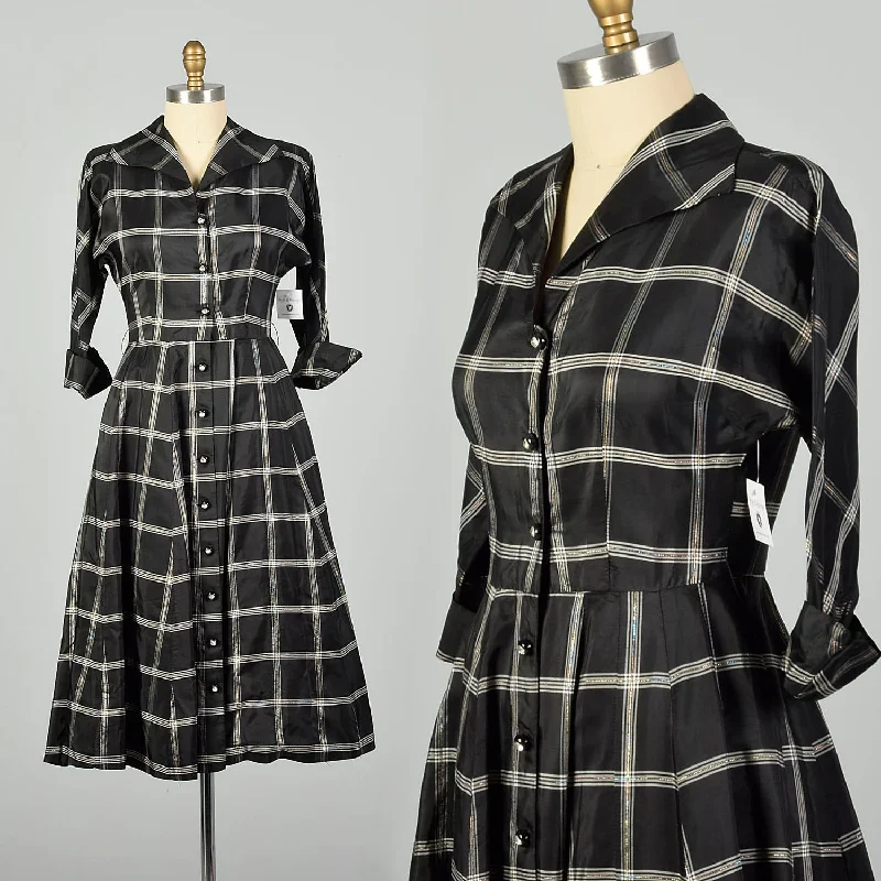 Medium 1950s Dress Black Taffeta Hourglass Plaid Cocktail Party Dress Tunics stripes playful