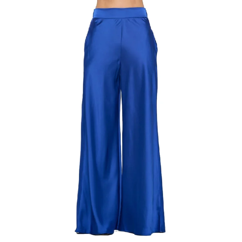 Royal Blue Stretch Satin Pants w/ Elastic Waist and Pockets High-Waist Yoga Pants