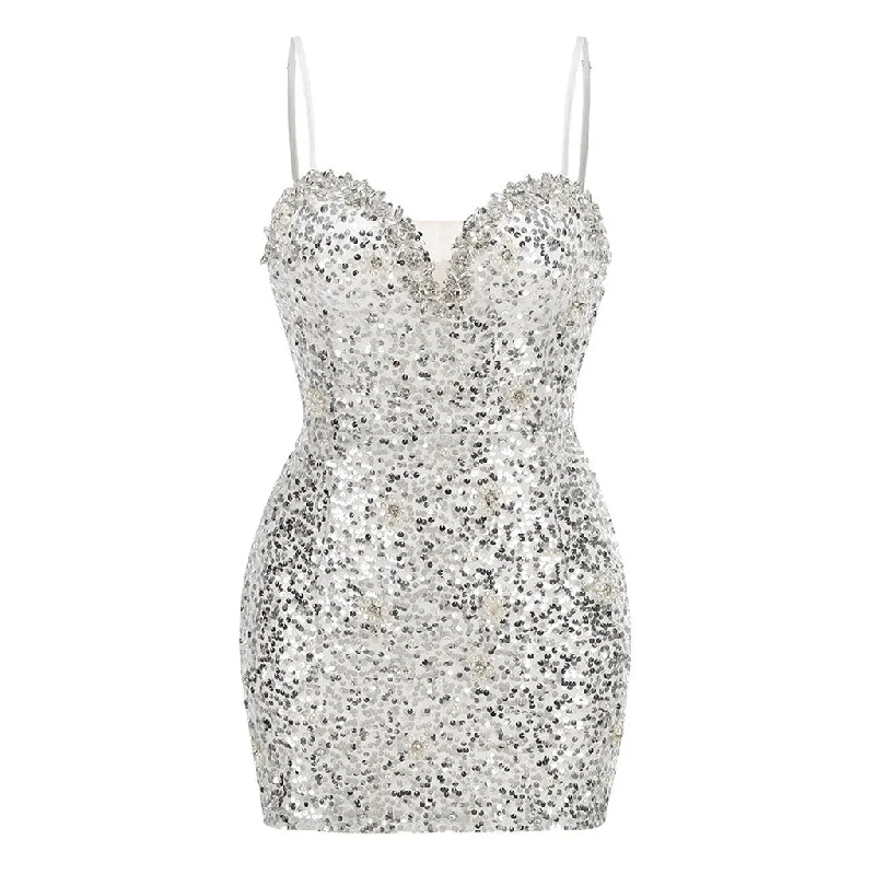 Luxury Pearl Rhinestone Spaghetti Strap Sequin Bodycon Mini Party Dress Tunics Plaid country