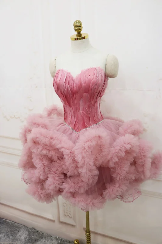 Pink Sweetheart Neck Tulle Party Dress, A Line Short Prom Dress with Feather Tunics Exclusive limited