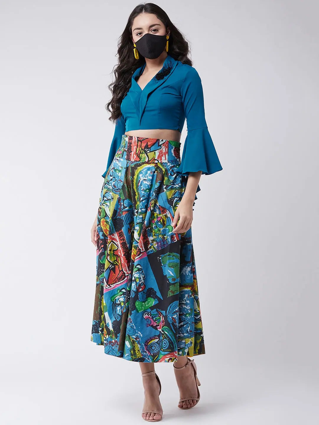 Embroidered Crop Top With Picasso Printed Skirt-PKC10090-XS Print Jacquard Patchwork