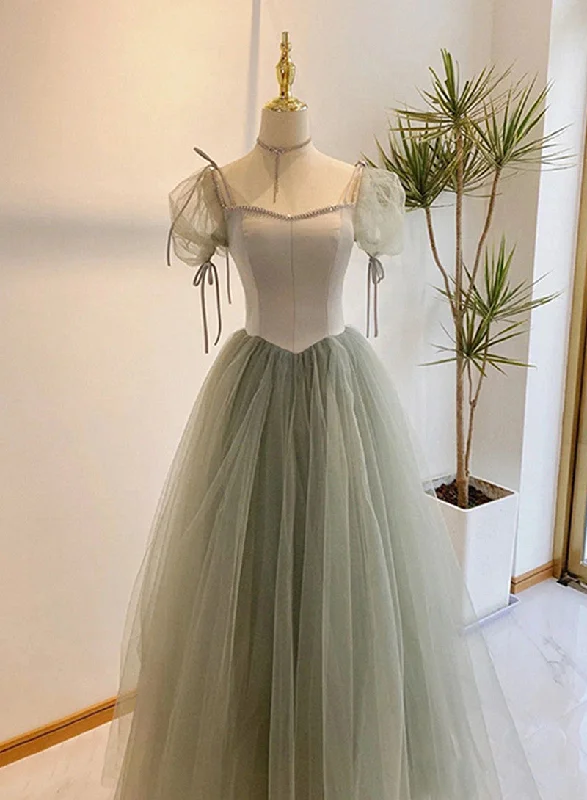 Light Green Tulle Long Evening Dress, Green Formal Dress Party Dress Tunics Print Colorful