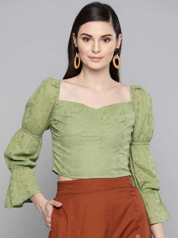 Women's Olive Schiffli Bishop Sleeve Crop Top - SASSAFRAS Fleece Fabric Down Fabric Feather Fabric