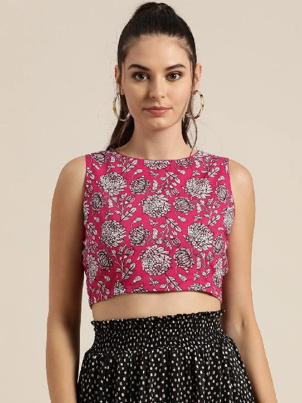 Women's Fuchsia Floral Sleeveless Crop Top - SHAE Hooded Caped Shawl Collar