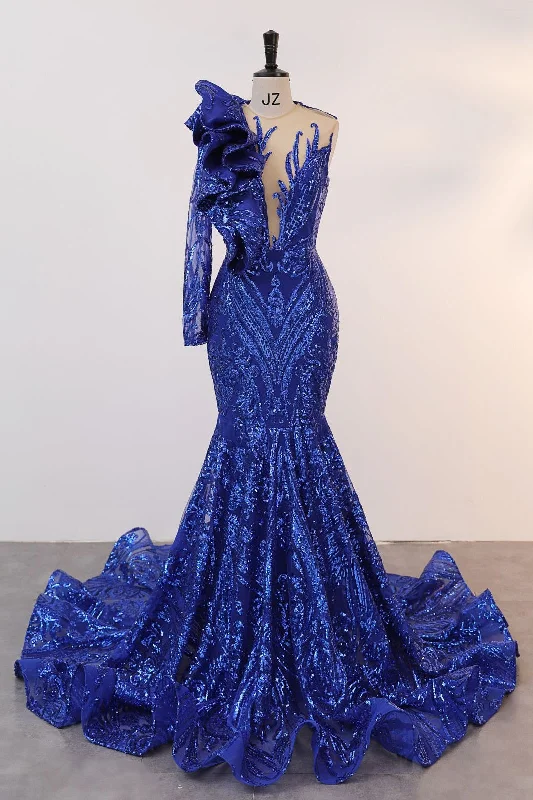 Royal Blue Mermaid One Sleeve Prom Dresses Sequined Lace Jewel Ruffles Evening Party Dress with Appliques Tunics Stylish elegant