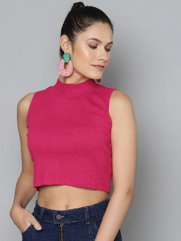Women's Fuchsia High Neck Crop Top - SASSAFRAS Striped Floral Plaid