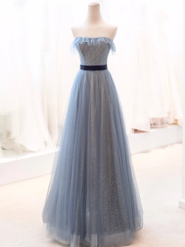 Blue Tulle Long Prom Dress, A-Line Strapless Evening Party Dress Pleated Skirt Elegant