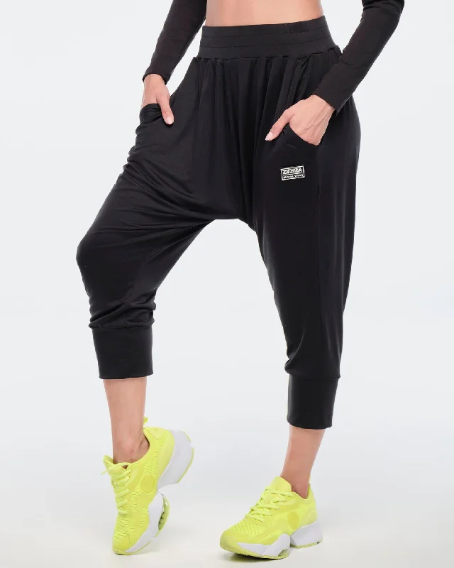 Funscape Harem Crop Pants - Bold Black Relaxed Casual Leggings
