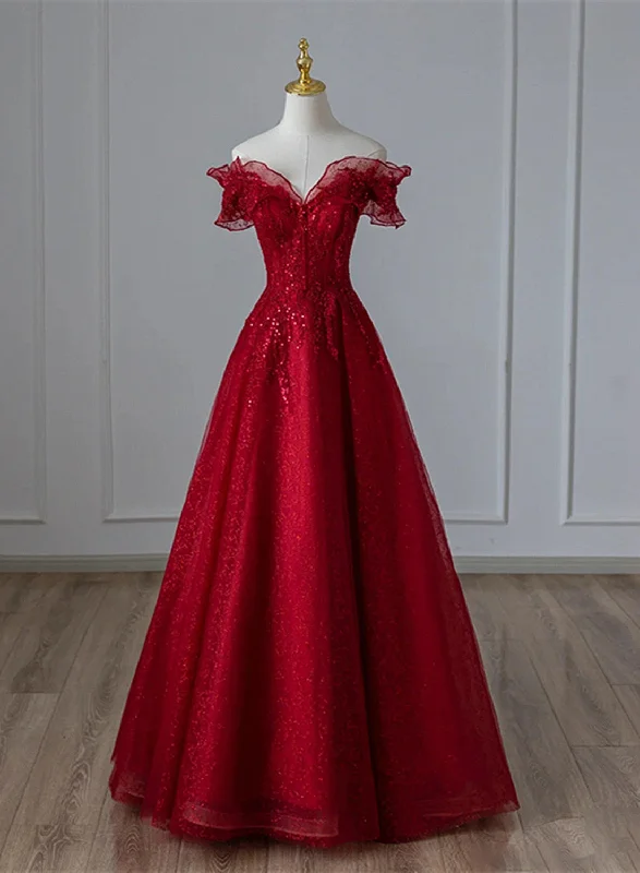 Wine Red Tulle with Sequins and Lace Party Dress, Wine Red A-line Prom Dress Tunics Chinos classic