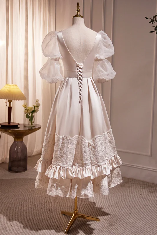 Retro Scoop Neck Lace Tea-length Prom Dress, A-Line Puffy Short Sleeve Party Dress Tunics Spring floral