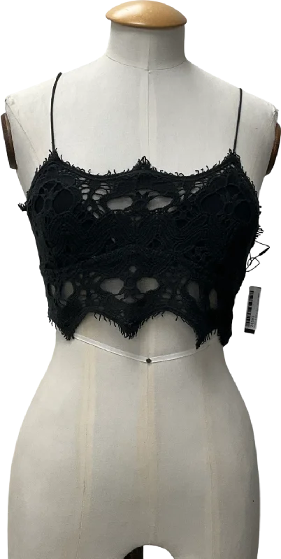 Free People Black crochet Lace Athena scallop Crop Top UK M Hooded Caped Shawl Collar