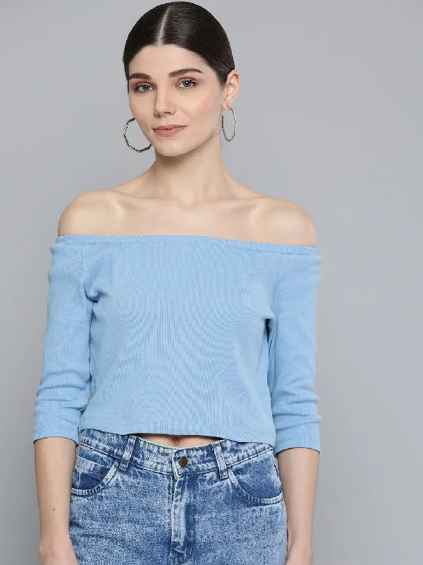 Women's Blue Bardot Crop Top - SASSAFRAS Beaded Sequined Faux Fur