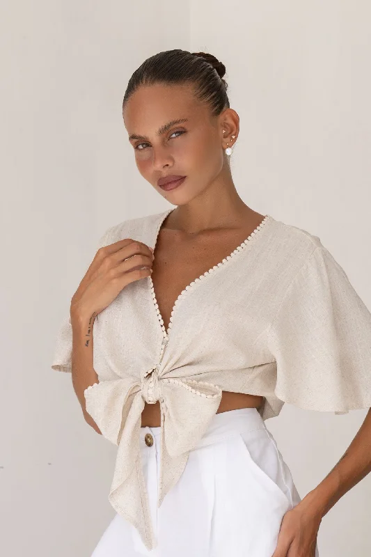 Frankie Beige Broderie Tie Front Crop Top Terry Blend Velvet Blend Canvas Blend