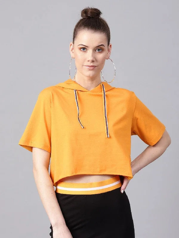 Women's Mustard Hoddie Boxy Athleisure Crop Top - SASSAFRAS Polka Dot Checkered Tartan