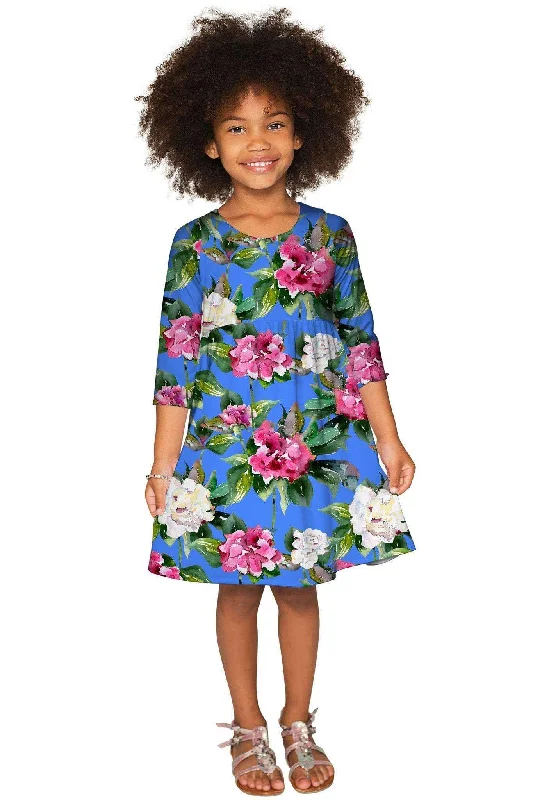 Aquarelle Gloria Fit & Flare Blue Floral Party Dress - Girls Sequined Elegant Party