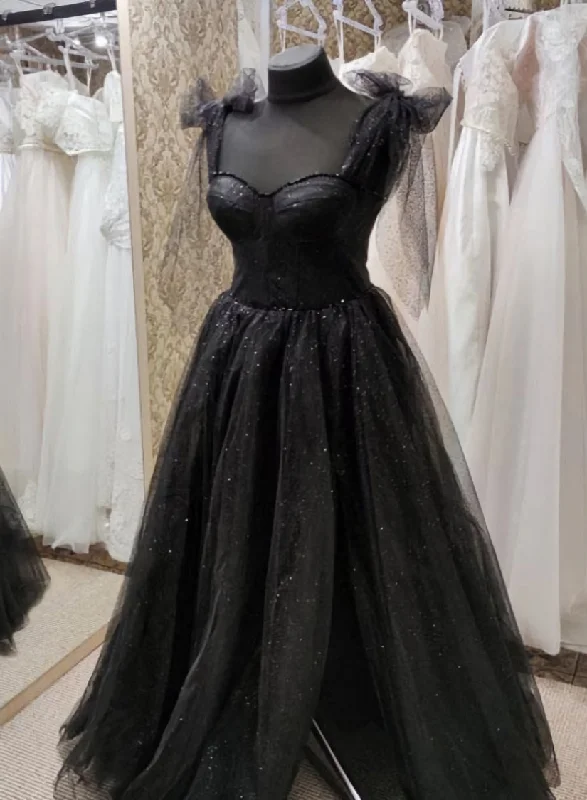 Black Tulle Floor Length Long Party Dress with Slit, Black Evening Dresses Turtleneck Neckline Stylish