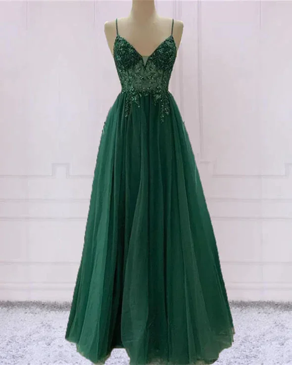 Spaghetti Strap Green A Line Long Prom Dress V Neck Formal Evening Gown Party Dress Tunics Luxurious premium
