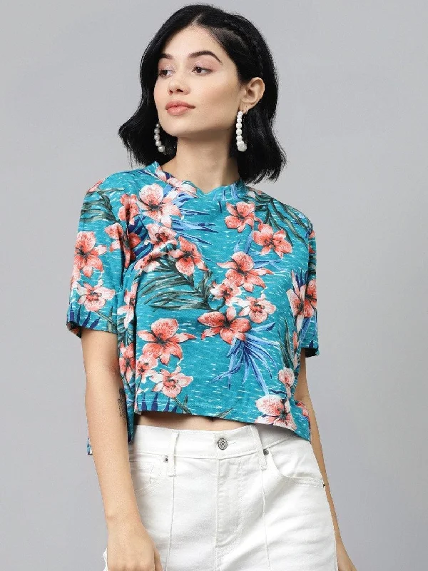 Women's Blue Floral Boxy Crop Top - SASSAFRAS Summer Crop Top Casual Short Sleeve