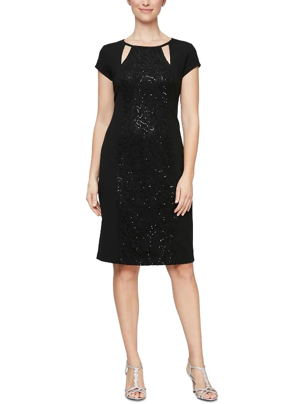 Womens Sequined Lace Inset Cocktail and Party Dress Cowl Neckline Elegant