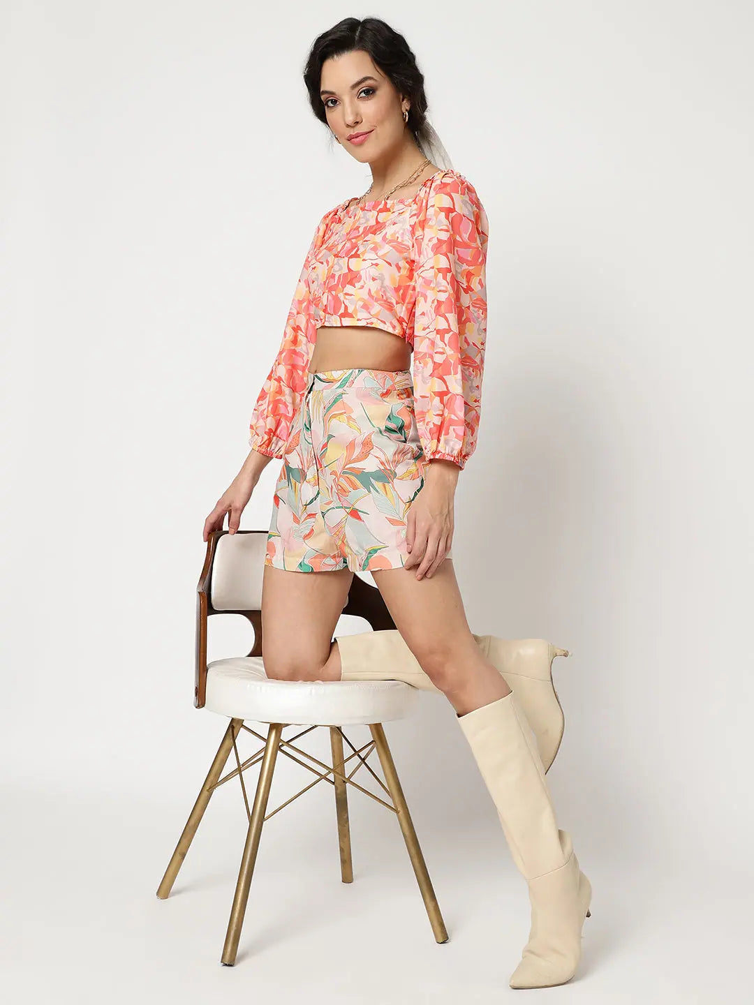 Digital Printed Crop Top With Shorts Set Welt Pockets Slit Pockets Flap Pockets