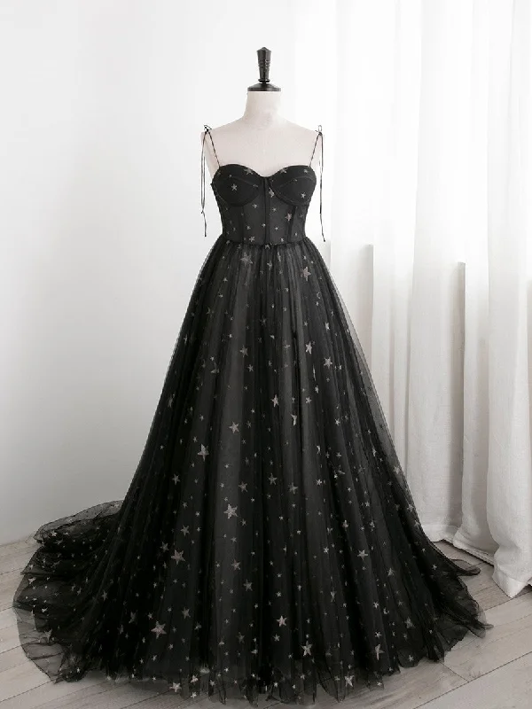 Black Sweetheart Tulle Straps Long Formal Dress, Black Evening Party Dresses Tunics Fleece cozy