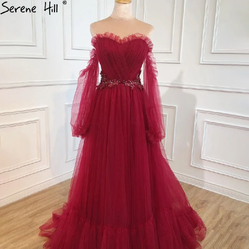 Serene Hill Wine Red Simple Sexy Evening Dresses Gowns 2024 Long Puff Sleeves Lace Up For Women Party Dress HA2443 Tunics Chinos classic