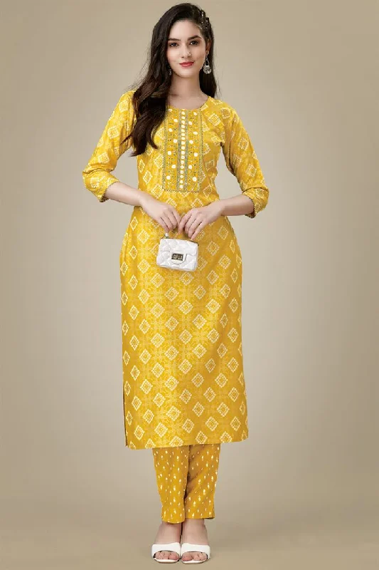 Yellow Color Lovely Rayon Fabric Kurti With Pant Modern Stretch Trousers