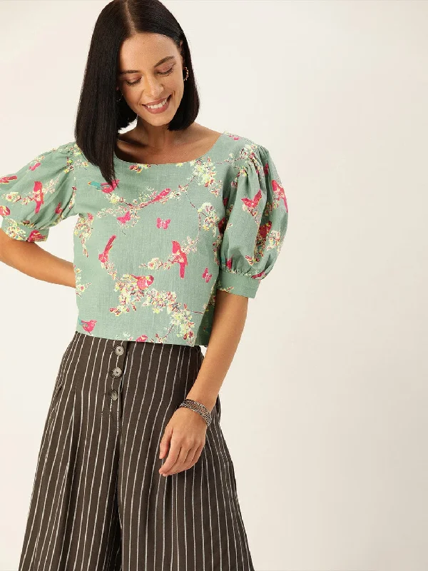 Women's Blue & Pink Floral Printed Puff Sleeved Crop Top - Varanga Collared Crop Top Boat Neck A-Line