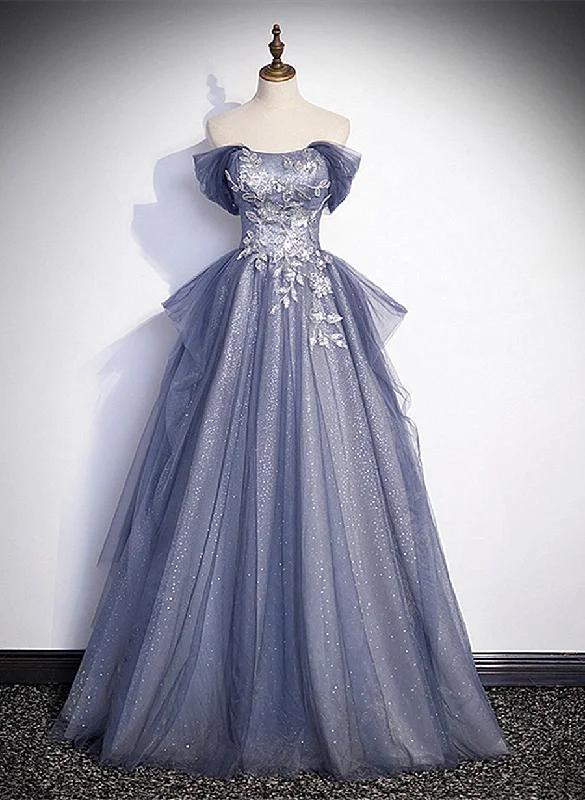 Blue-Grey Long A-line Off Shoulder Party Dress, New A-line Prom Dress Evening Dress Mermaid Tail Wedding