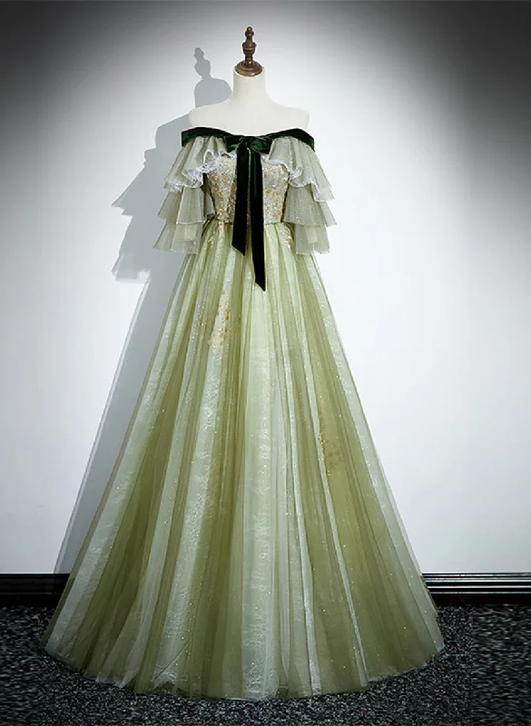 Light Green Tulle with Lace A-line Long Party Dress, Light Green Evening Dress Prom Dress Peplum Ruffle Cocktail