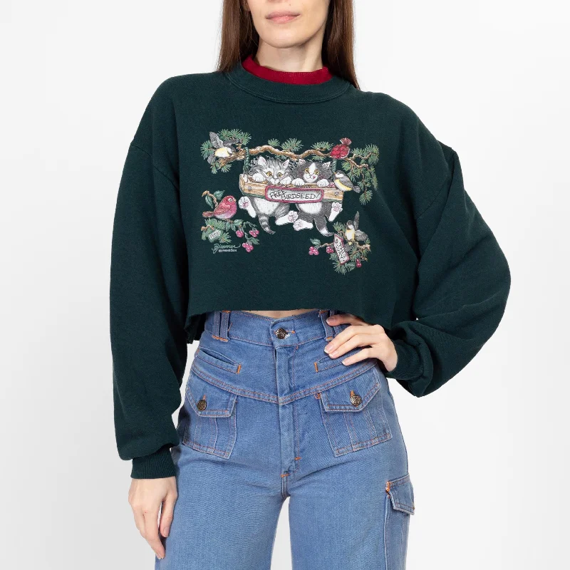 Large 80s Kittens "Free Birdseed" Cropped Sweatshirt Hoodie with Back Slit Movement Comfort